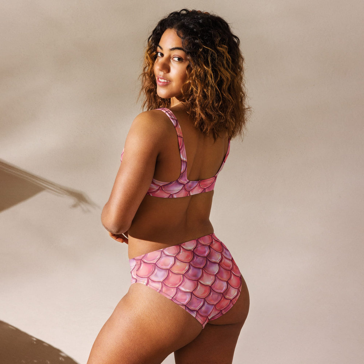 CUT-SEW Pink Mermaid Bikini – High-Waisted Fish Scale Swimsuit | Fantasy Mermaidcore Two-Piece Swimwear