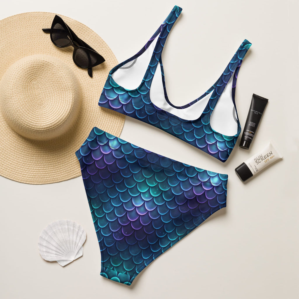 CUT-SEW Blue Mermaid Scale High-Waisted Bikini – Teal Fantasy Mermaidcore Swimwear