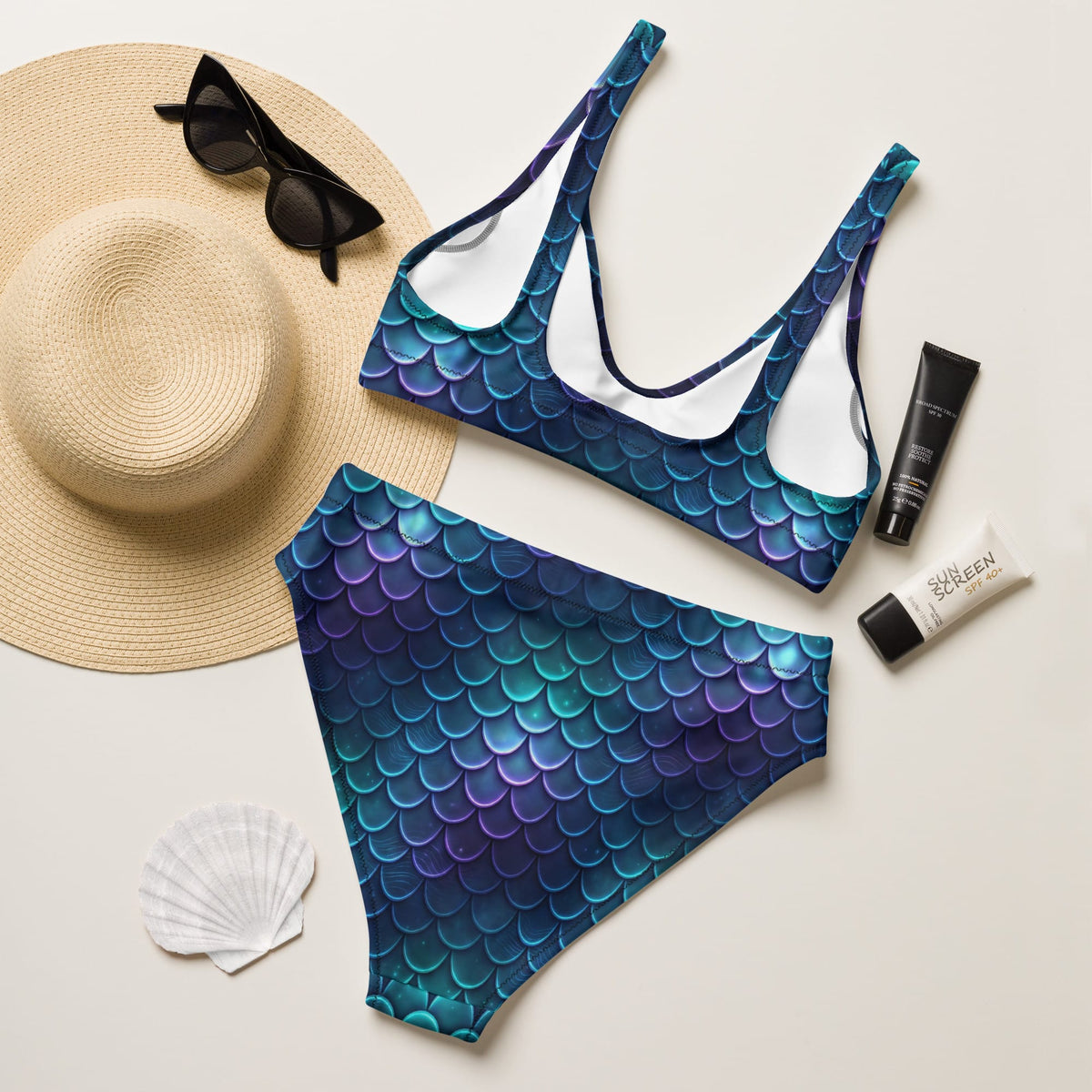 CUT-SEW Blue Mermaid Scale High-Waisted Bikini – Teal Fantasy Mermaidcore Swimwear