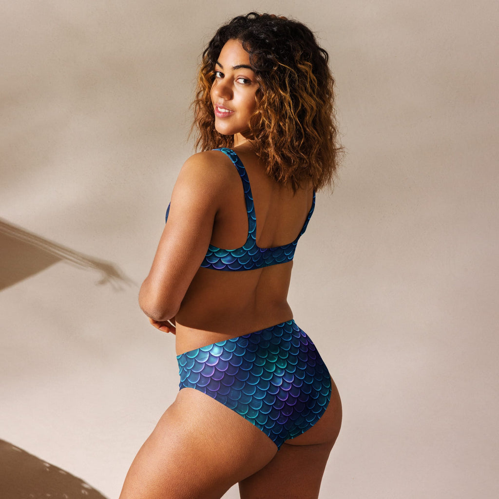 CUT-SEW Blue Mermaid Scale High-Waisted Bikini – Teal Fantasy Mermaidcore Swimwear