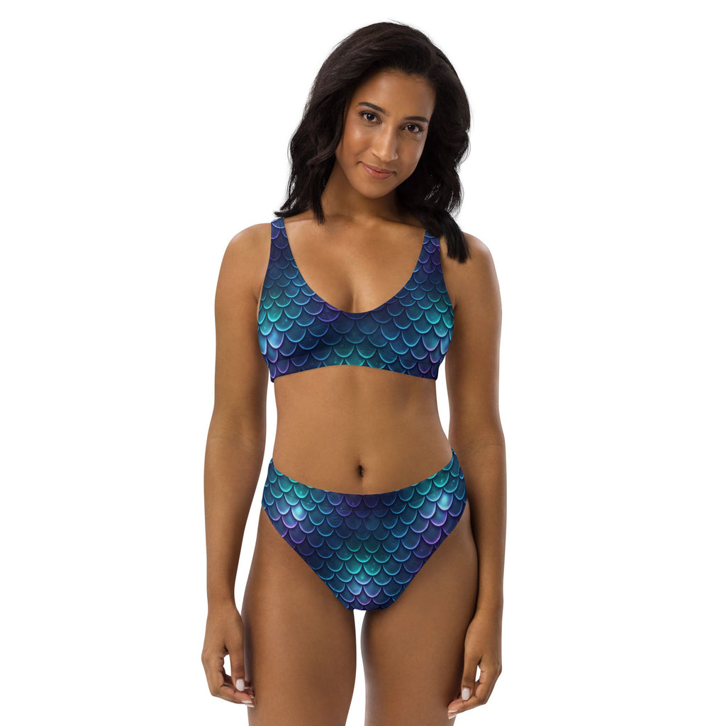 CUT-SEW Blue Mermaid Scale High-Waisted Bikini – Teal Fantasy Mermaidcore Swimwear