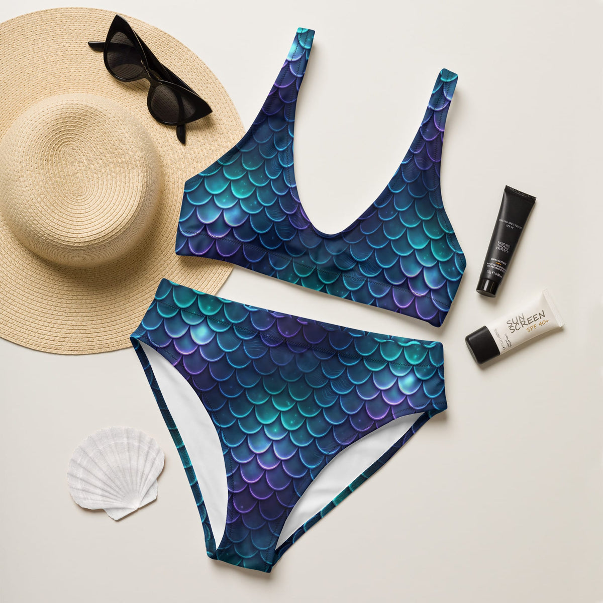 CUT-SEW Blue Mermaid Scale High-Waisted Bikini – Teal Fantasy Mermaidcore Swimwear