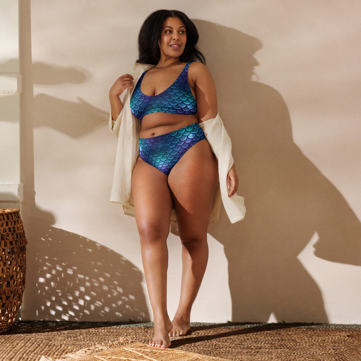 CUT-SEW Blue Mermaid Scale High-Waisted Bikini – Teal Fantasy Mermaidcore Swimwear
