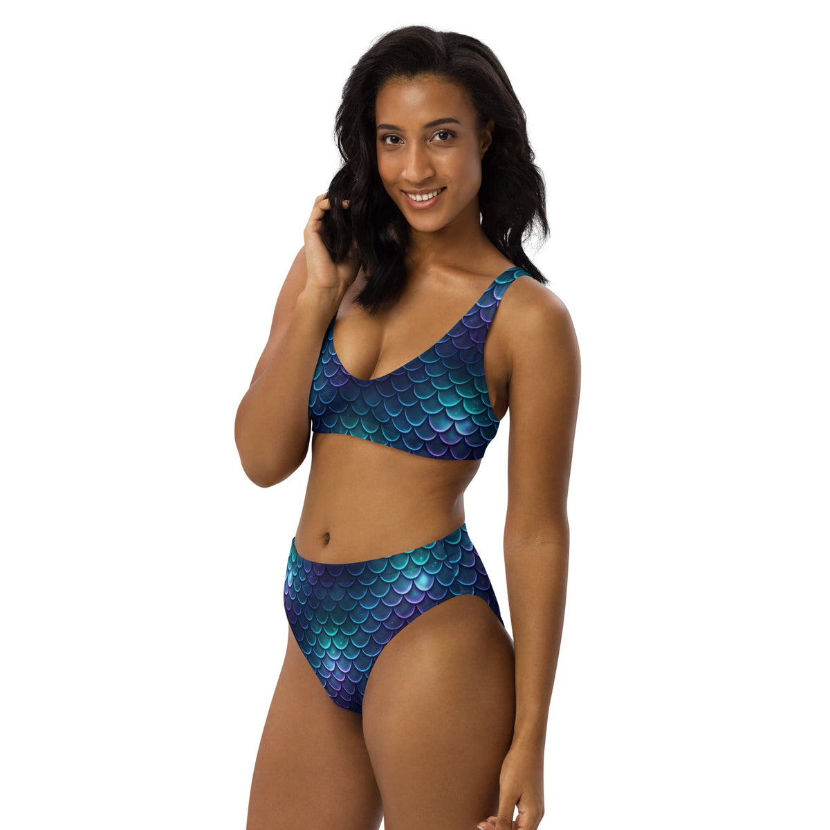 CUT-SEW Blue Mermaid Scale High-Waisted Bikini – Teal Fantasy Mermaidcore Swimwear
