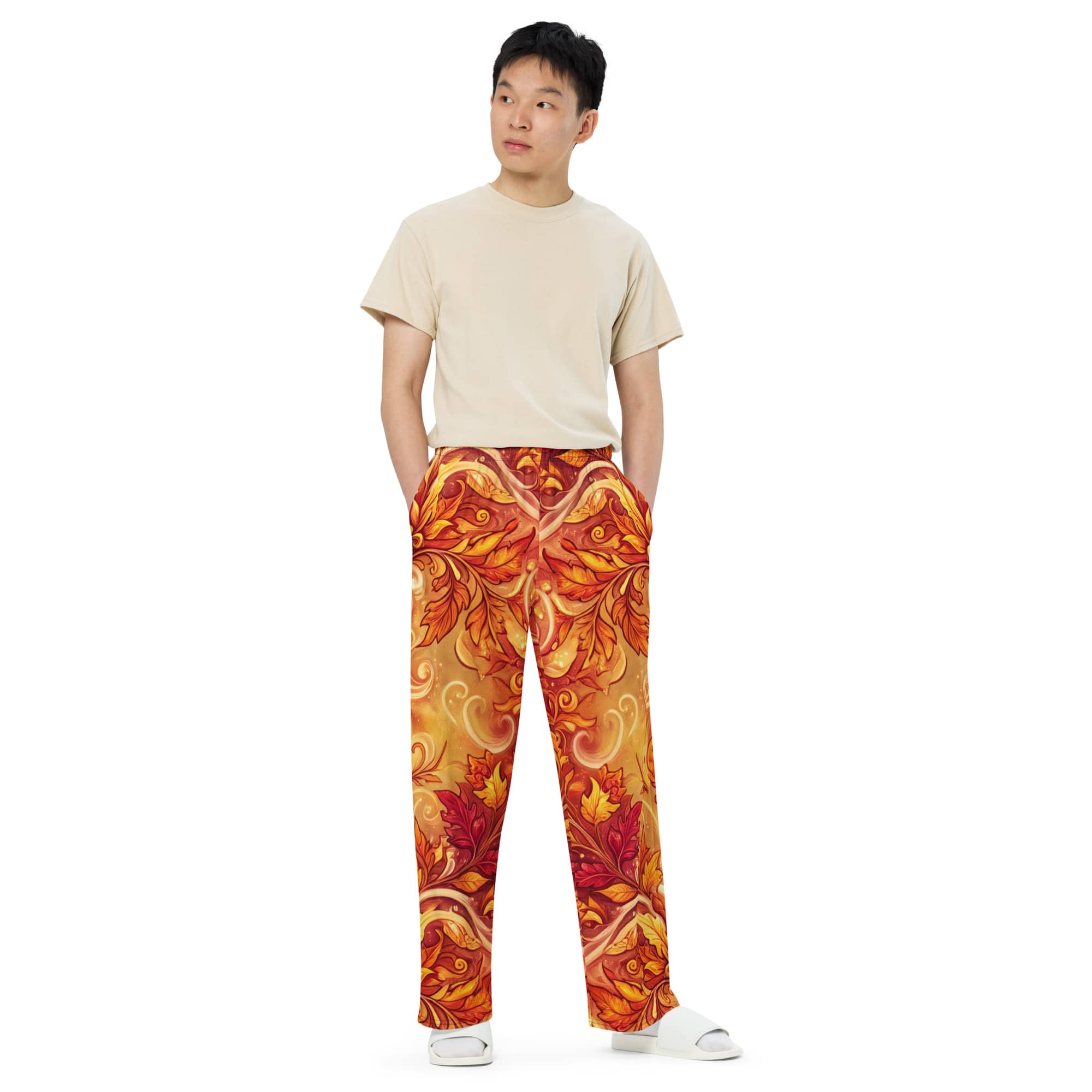 CUT-SEW Autumn Leaves Palazzo Pants – Unisex Wide-Leg Pants