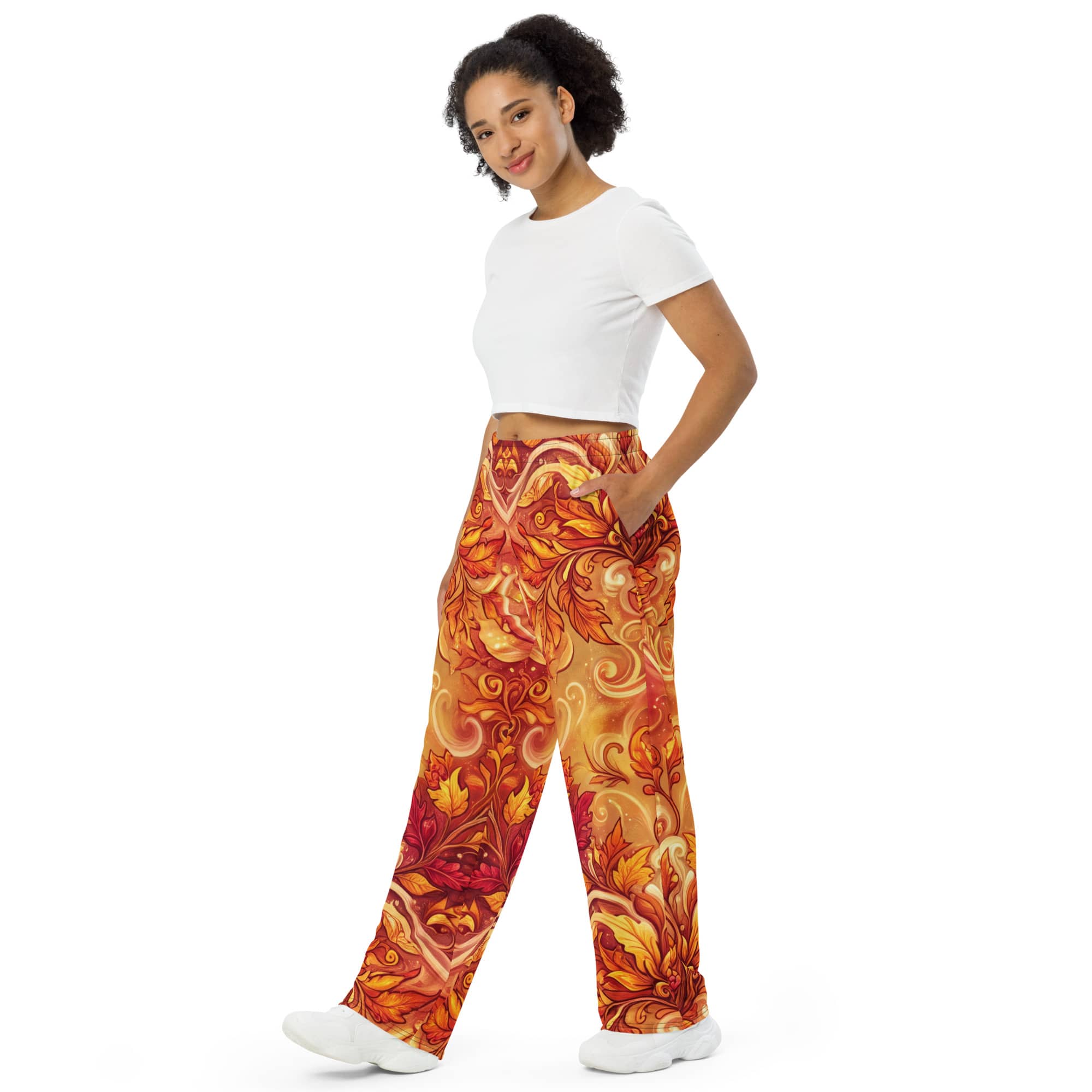 CUT-SEW Autumn Leaves Palazzo Pants – Unisex Wide-Leg Pants