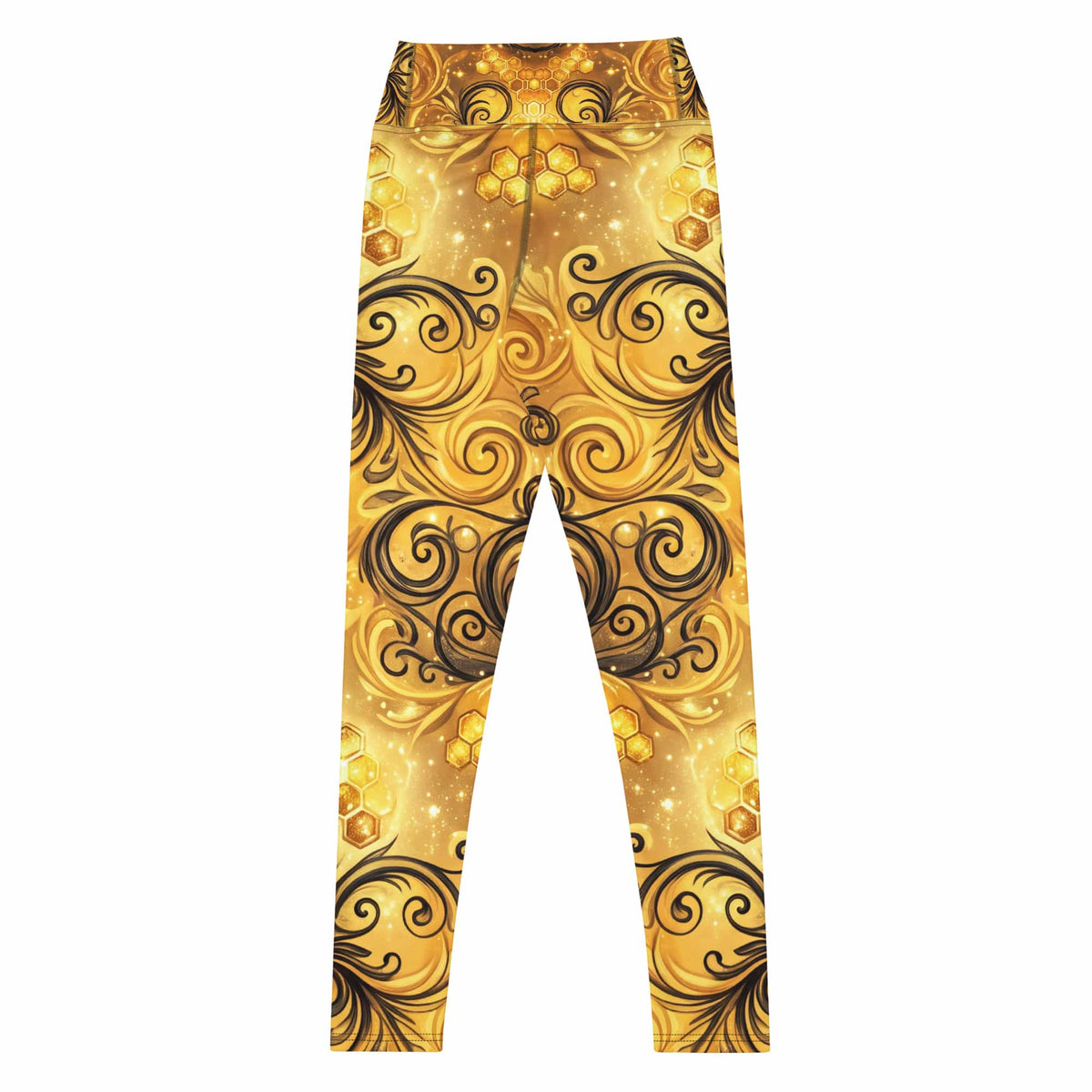 CUT-SEW Gold Honeycomb Leggings – Black Swirl Bee-Inspired High Waisted Yoga Pant