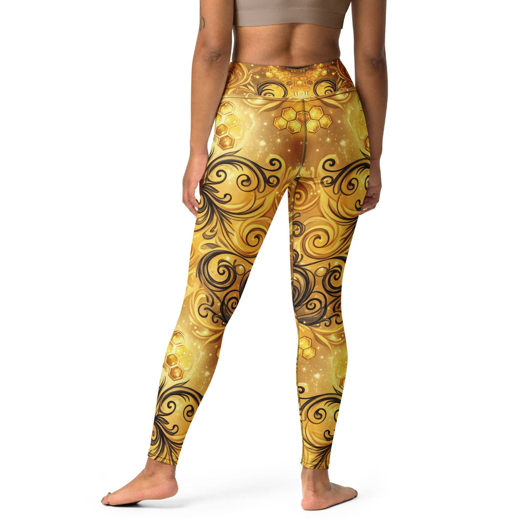 CUT-SEW Gold Honeycomb Leggings – Black Swirl Bee-Inspired High Waisted Yoga Pant
