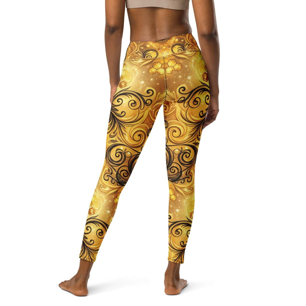 CUT-SEW Gold Honeycomb Leggings – Black Swirl Bee-Inspired High Waisted Yoga Pant
