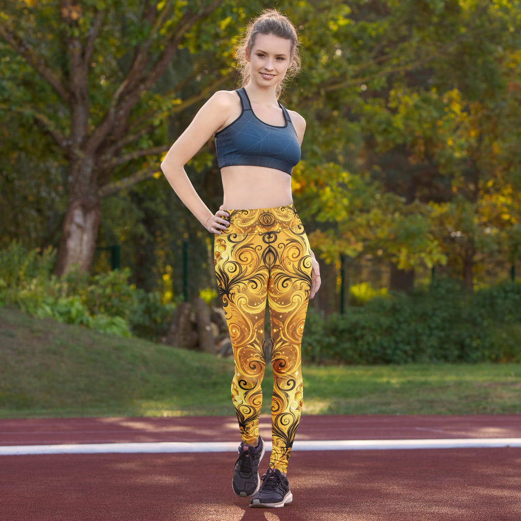 CUT-SEW Gold Honeycomb Leggings – Black Swirl Bee-Inspired High Waisted Yoga Pant