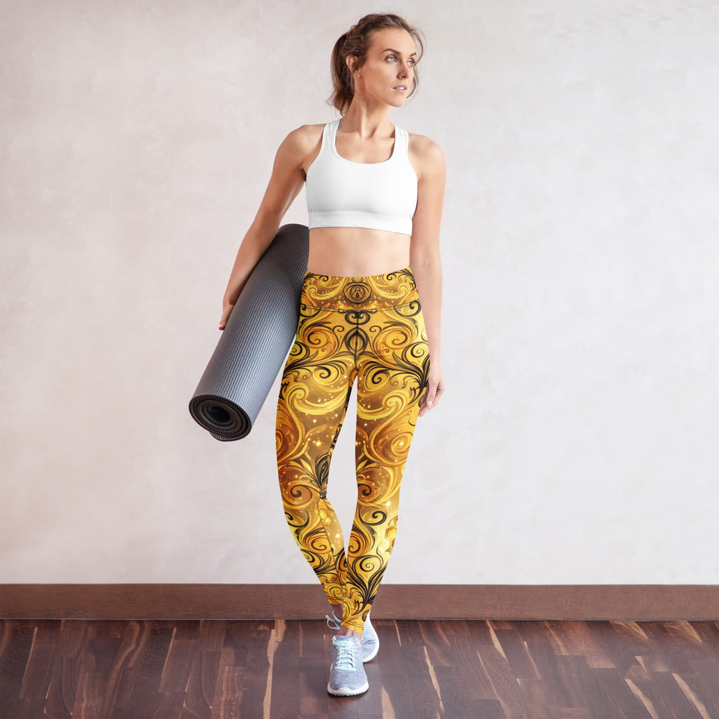 CUT-SEW Gold Honeycomb Leggings – Black Swirl Bee-Inspired High Waisted Yoga Pant