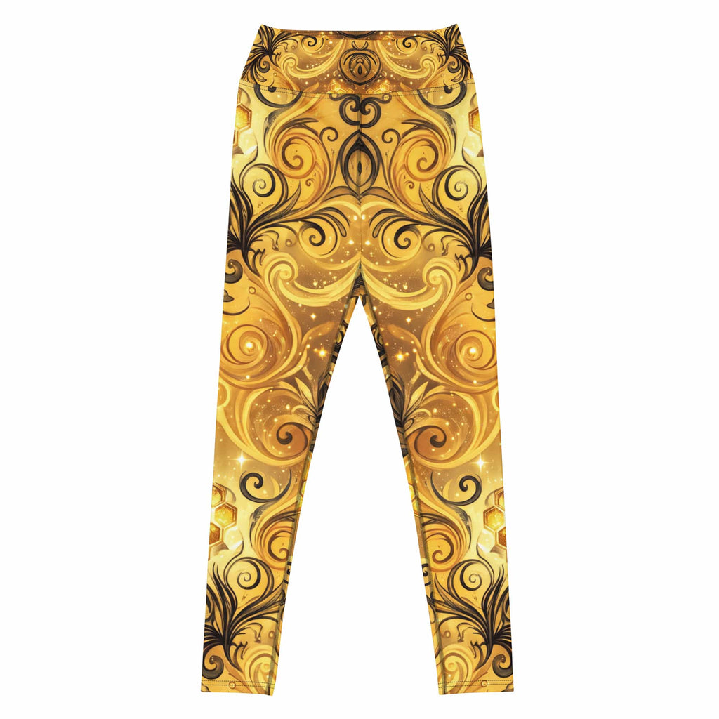 CUT-SEW Gold Honeycomb Leggings – Black Swirl Bee-Inspired High Waisted Yoga Pant