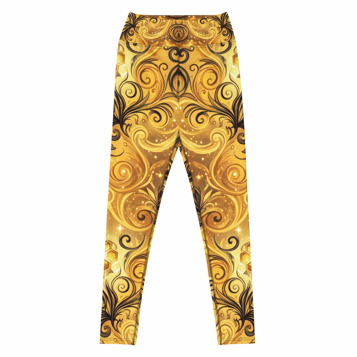 CUT-SEW Gold Honeycomb Leggings – Black Swirl Bee-Inspired High Waisted Yoga Pant
