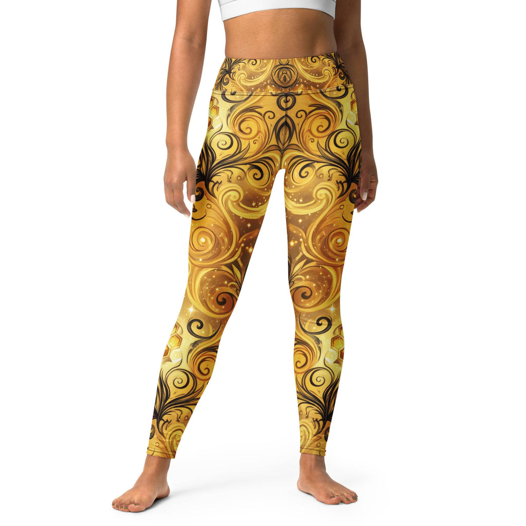 CUT-SEW Gold Honeycomb Leggings – Black Swirl Bee-Inspired High Waisted Yoga Pant