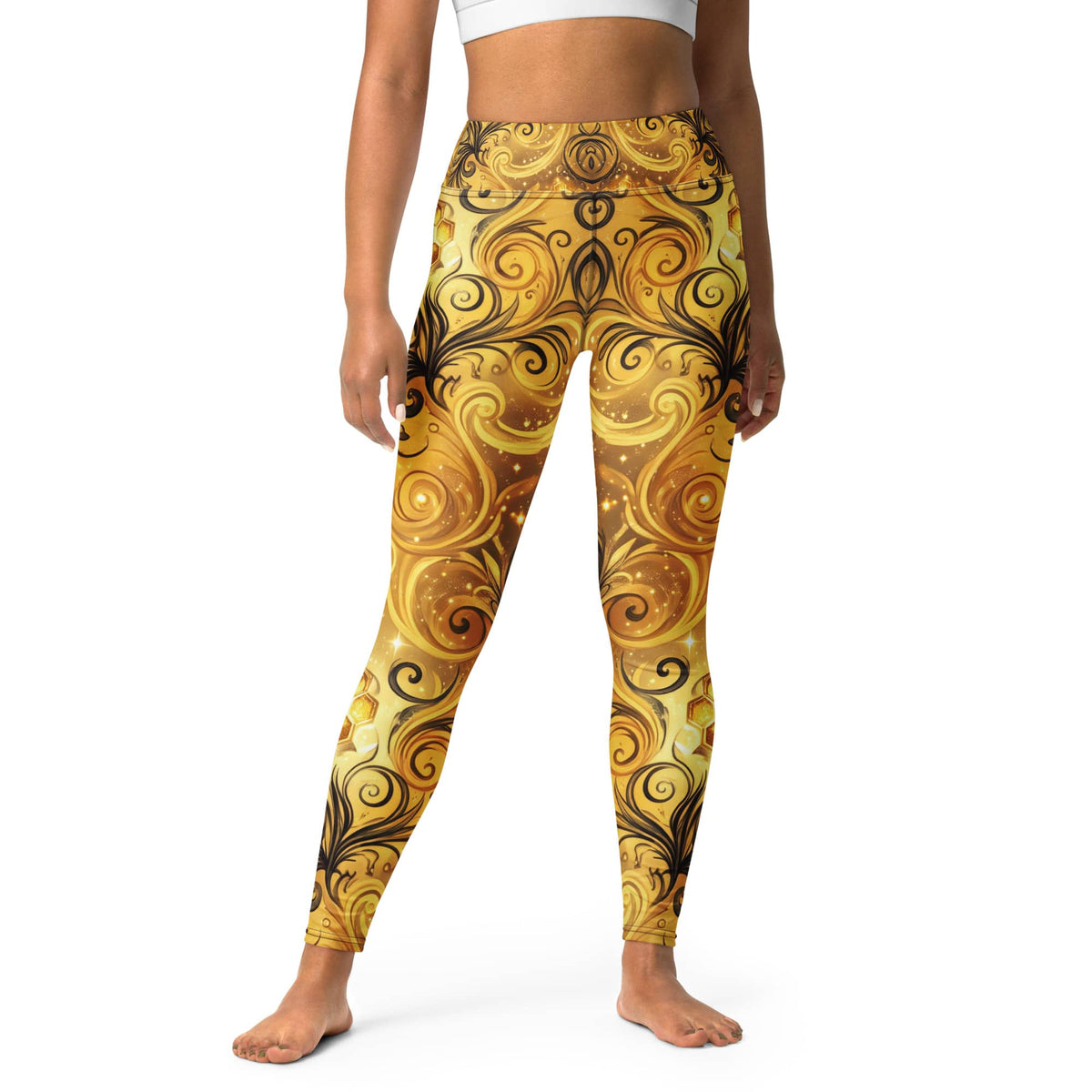 CUT-SEW Gold Honeycomb Leggings – Black Swirl Bee-Inspired High Waisted Yoga Pant