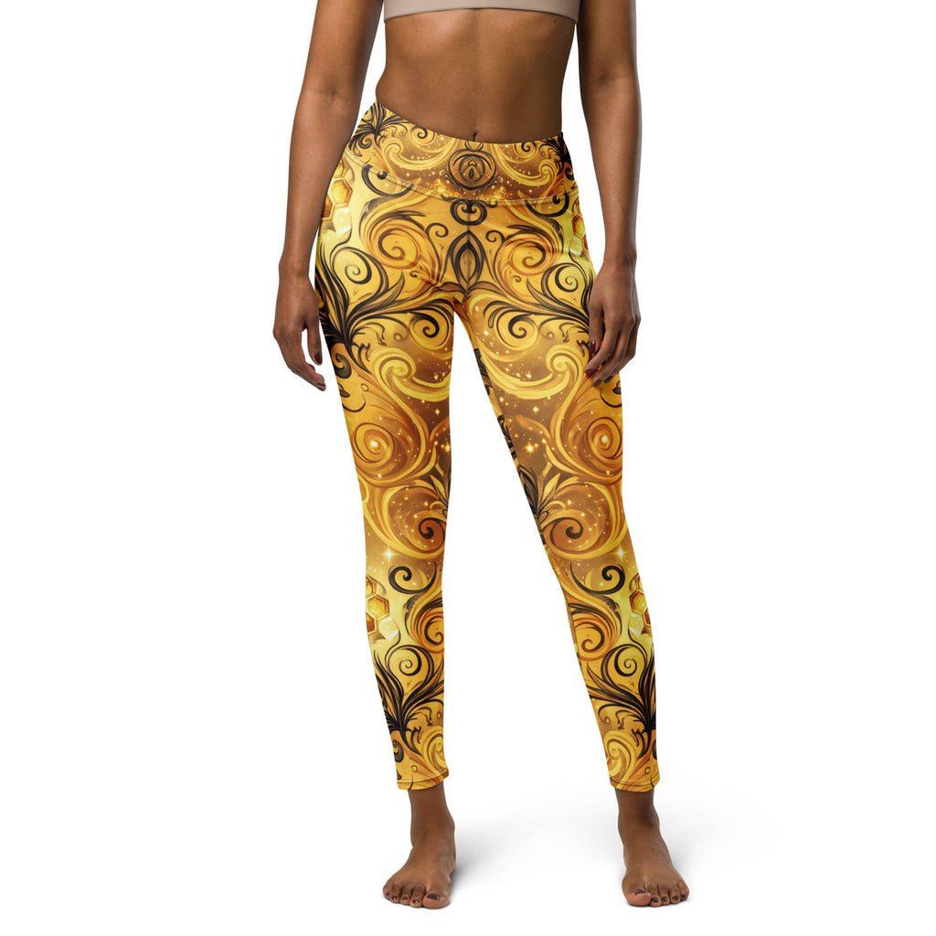 CUT-SEW Gold Honeycomb Leggings – Black Swirl Bee-Inspired High Waisted Yoga Pant
