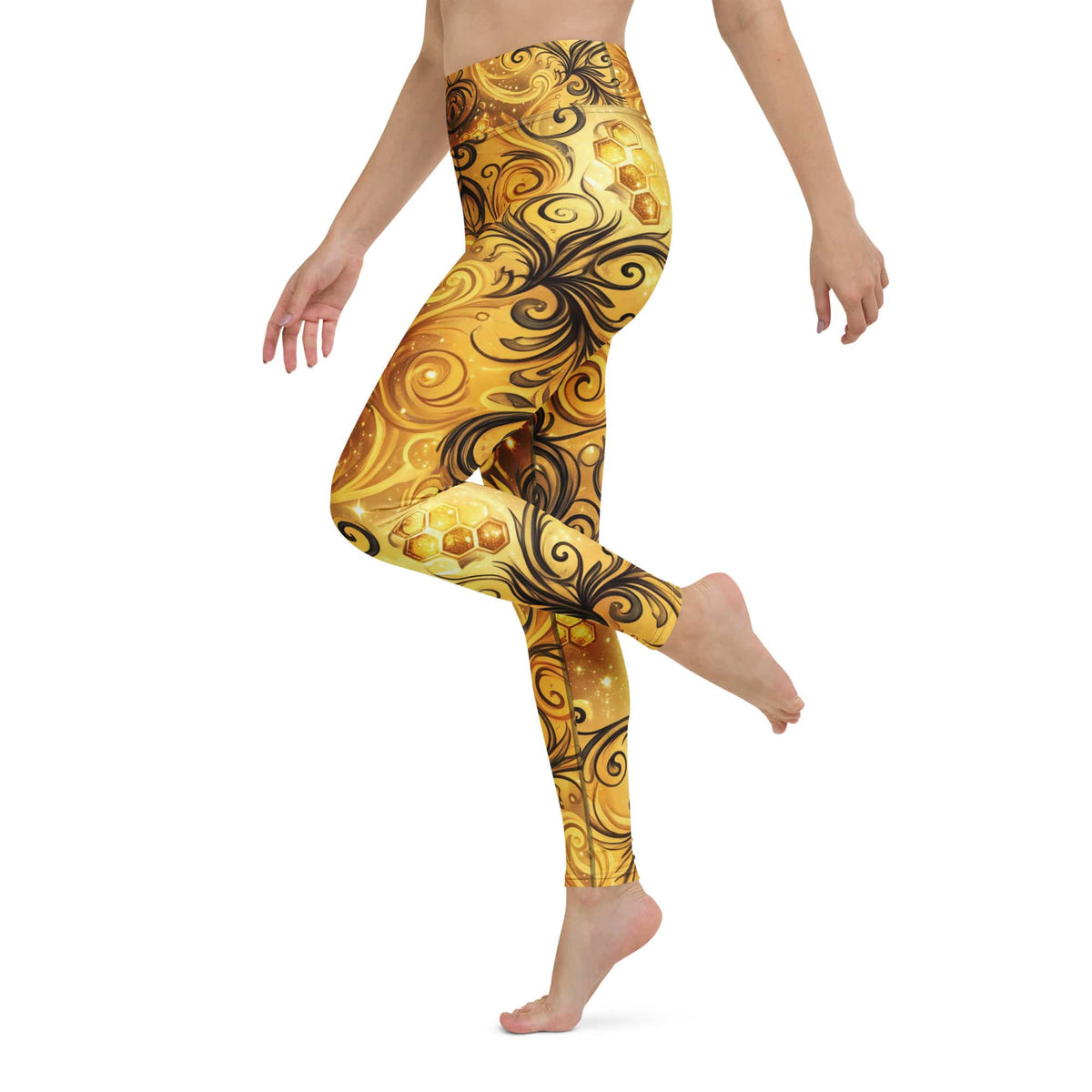 CUT-SEW Gold Honeycomb Leggings – Black Swirl Bee-Inspired High Waisted Yoga Pant