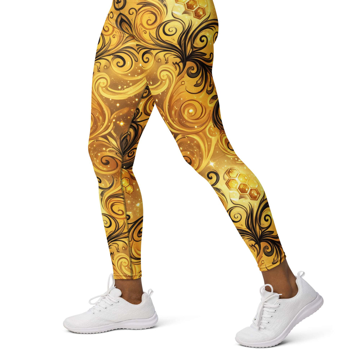 CUT-SEW Gold Honeycomb Leggings – Black Swirl Bee-Inspired High Waisted Yoga Pant
