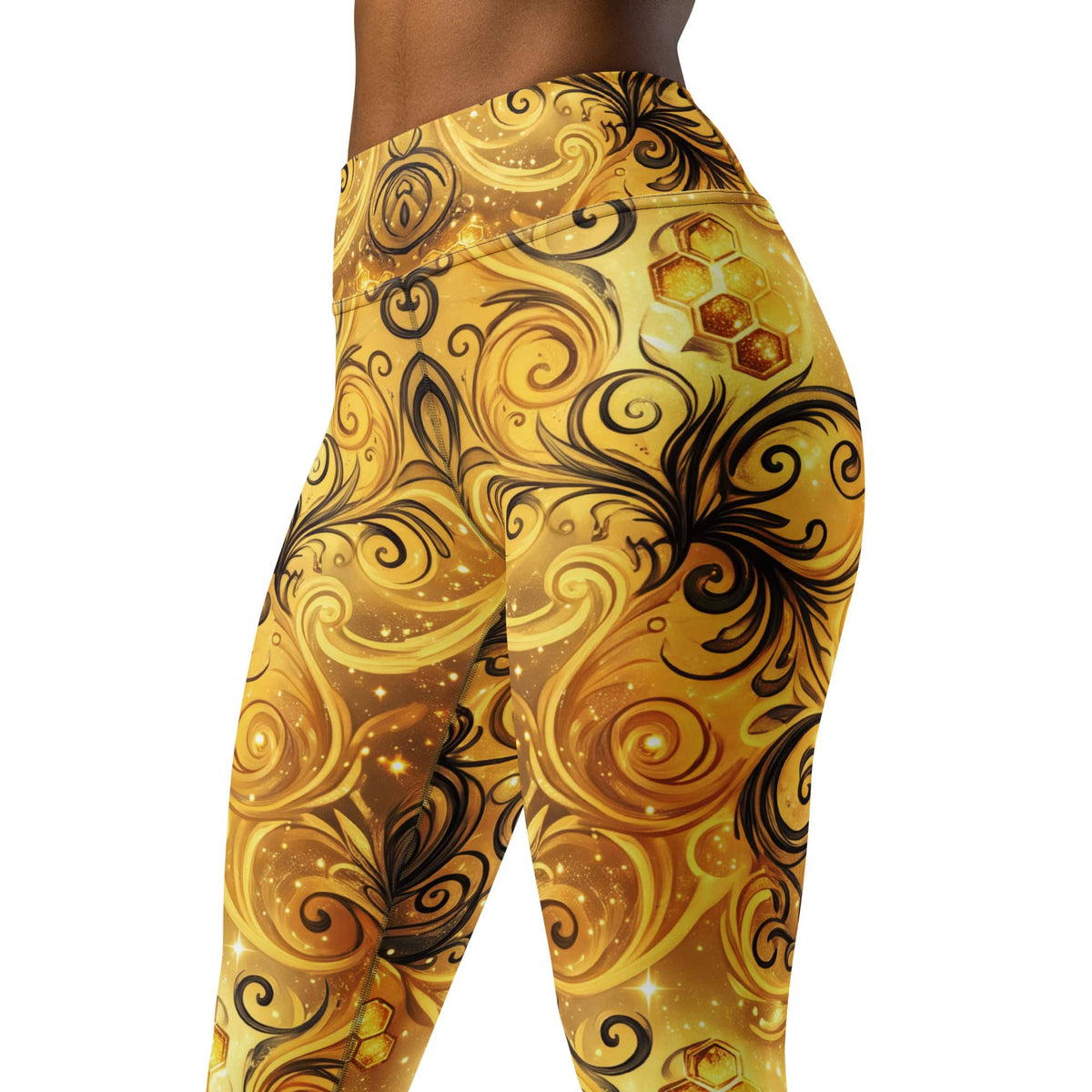 CUT-SEW Gold Honeycomb Leggings – Black Swirl Bee-Inspired High Waisted Yoga Pant