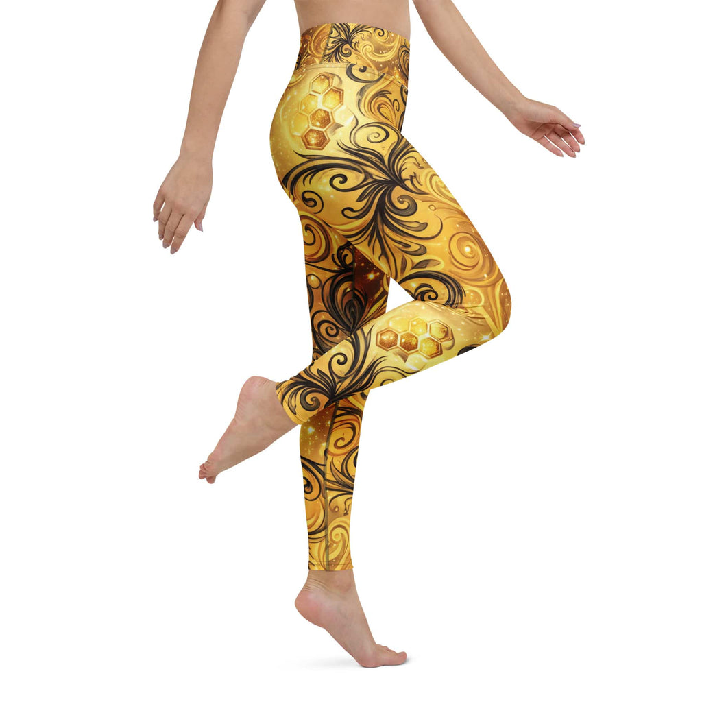 CUT-SEW Gold Honeycomb Leggings – Black Swirl Bee-Inspired High Waisted Yoga Pant