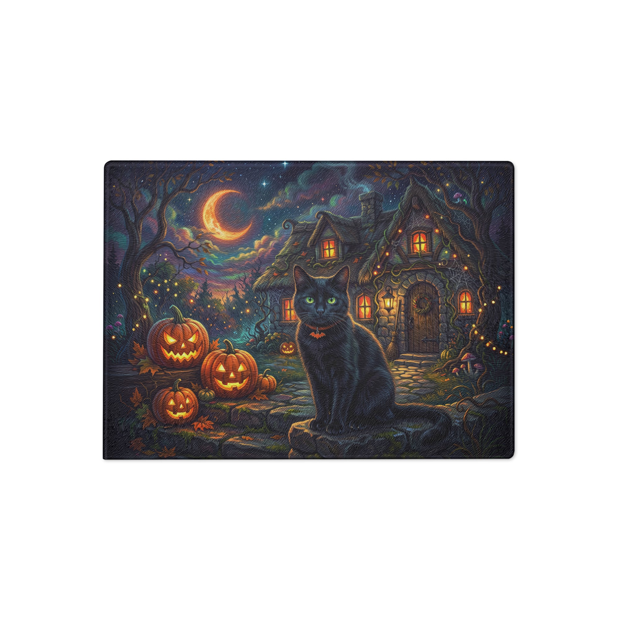 Halloween Black Cat Glass Cutting Board – Pumpkin Cottage Kitchen Decor (2 Sizes)