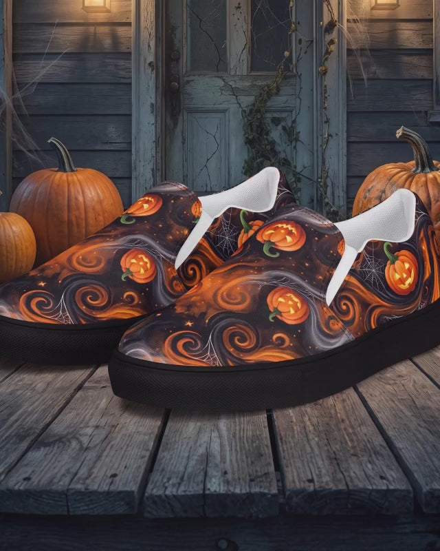 Men’s Halloween Pumpkin Slip-On Shoes | Black and Orange Jack-O’-Lantern Canvas Sneakers