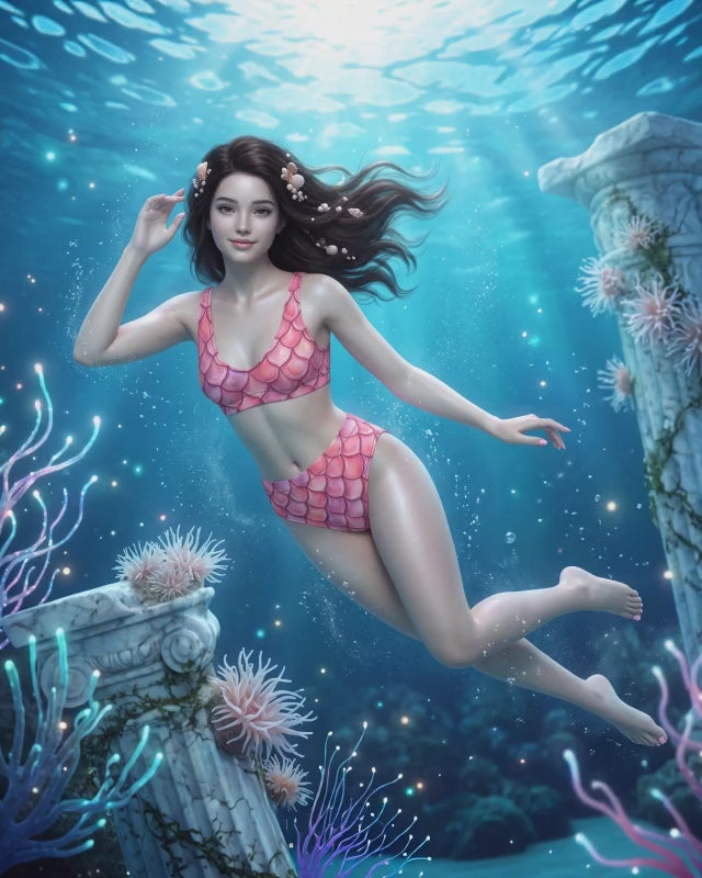 Pink Mermaid Bikini – High-Waisted Fish Scale Swimsuit | Fantasy Mermaidcore Two-Piece Swimwear