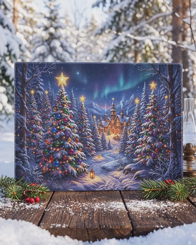 Christmas Village Glass Cutting Board | Snowy Winter Wonderland Holiday Kitchen Decor