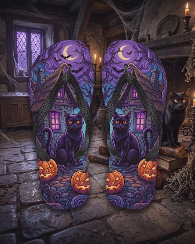 Black Cat Halloween Flip Flops | Purple Haunted Cottage Pumpkin Sandals