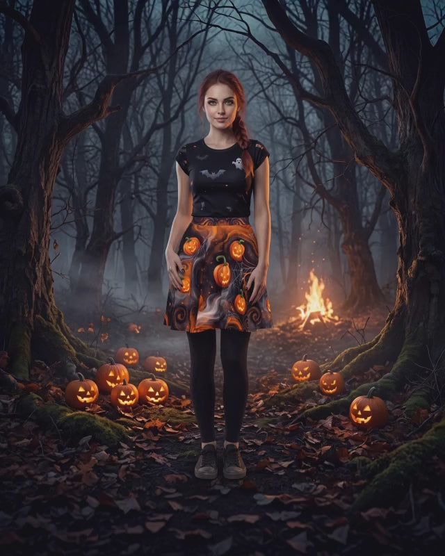 Halloween Pumpkin Skater Skirt – Orange & Black Jack-O’-Lantern Print