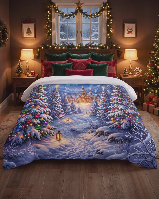 Edredón del bosque navideño | Ropa de cama de pueblo nevado de Navidad
