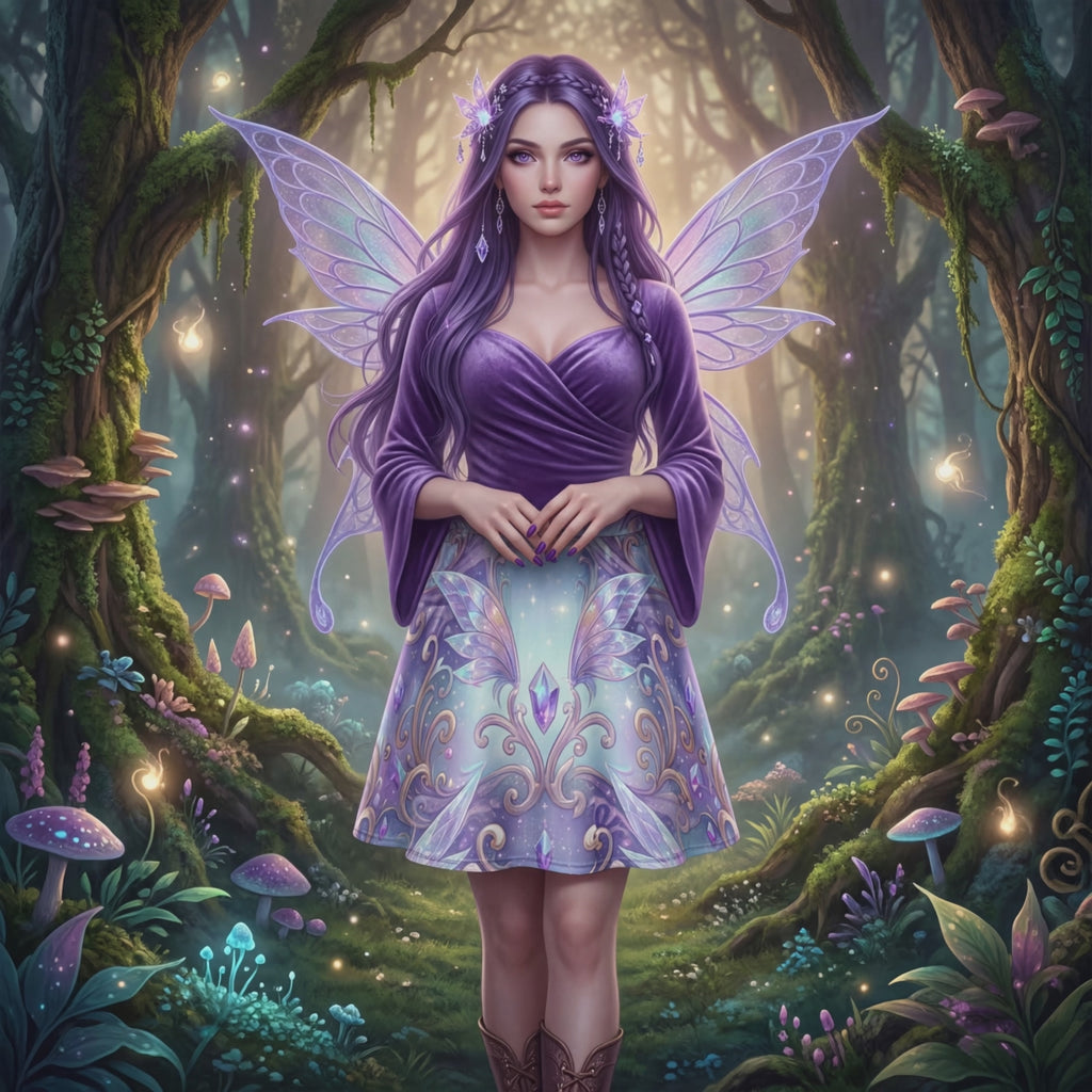 Falda de patinadora de hada en tonos pastel – Fantasía de cristal AOP, conjunto celestial fairycore