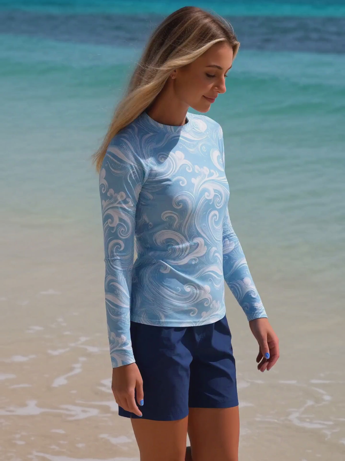 Ocean Wave Rash Guard – Blue & White Long Sleeve Swim Shirt