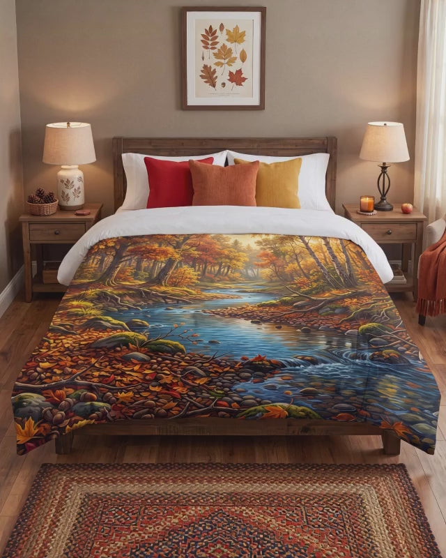 Edredón del bosque otoñal | Ropa de cama del arroyo del bosque en otoño