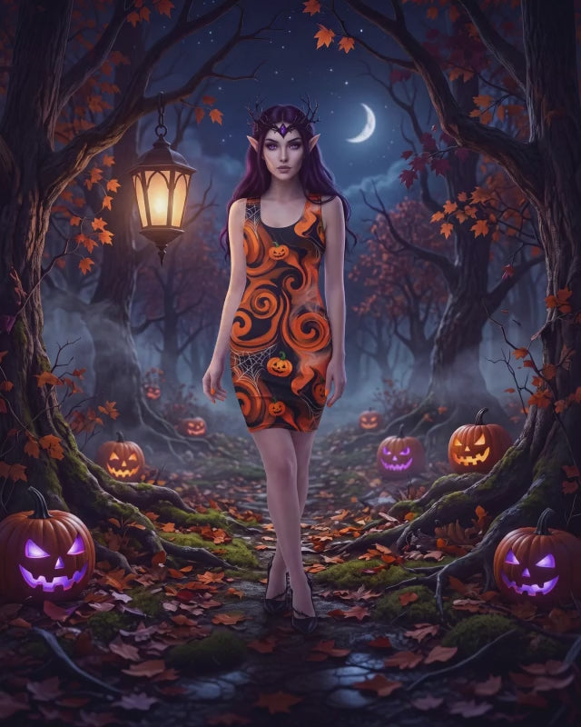 Halloween Pumpkin Bodycon Dress – Orange & Black Spooky Swirl Fitted Dress