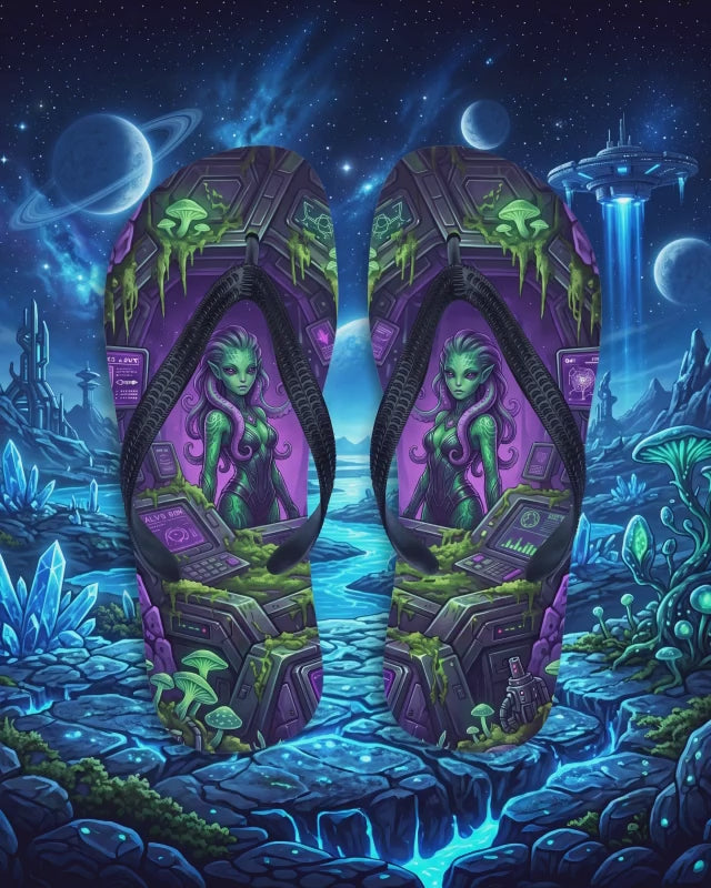 Alien Girl Flip Flops – Green Sci-Fi Laboratory Fantasy Sandals
