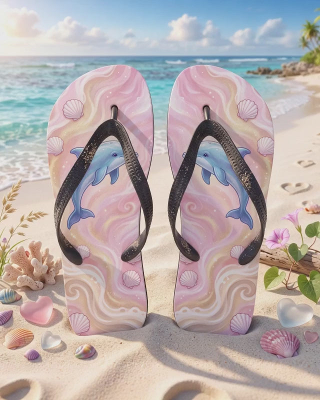 Aphrodite Flip Flops | Dolphin & Pink Seashell Greek Goddess Sandals