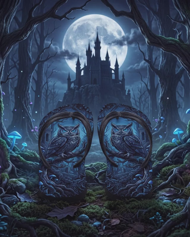 Owl Flip Flops, Moonlit Forest Gothic Fantasy Sandals