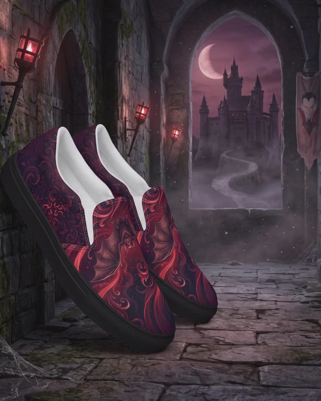 Vampire Bat Slip-On Shoes | Gothic Black and Crimson Canvas Sneakers