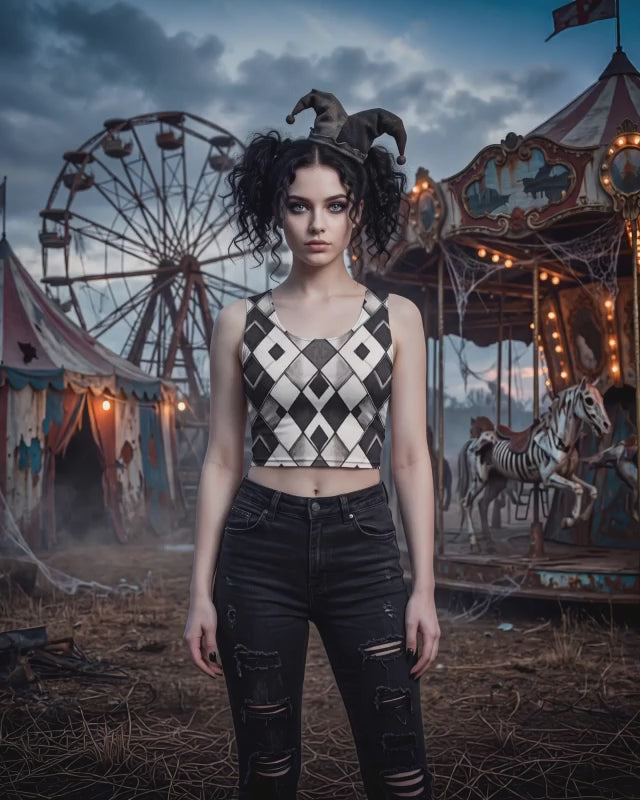Dark Circus Crop Top | Black & White Harlequin Diamond Top