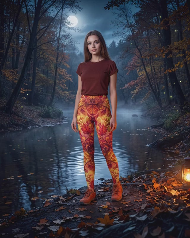 Fall Yoga Leggings | Autumn Leaves & Acorn Fantasy Print