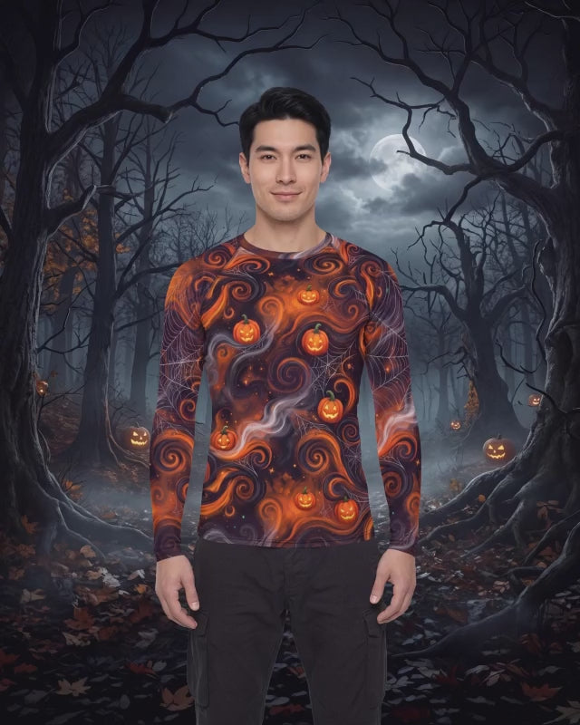 Men’s Halloween Pumpkin Rash Guard – Jack O Lantern Spiderweb Long Sleeve Swim Shirt