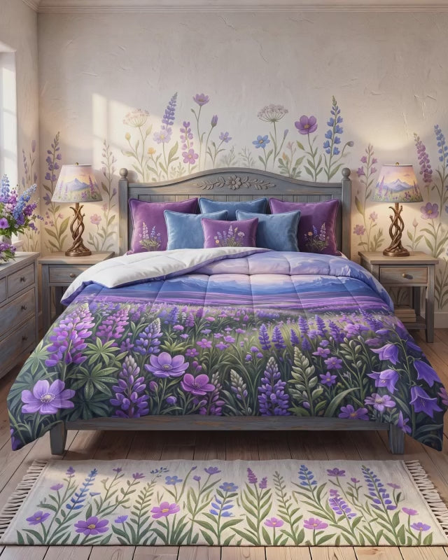 Edredón del prado de flores silvestres | Ropa de cama de paisaje montañoso