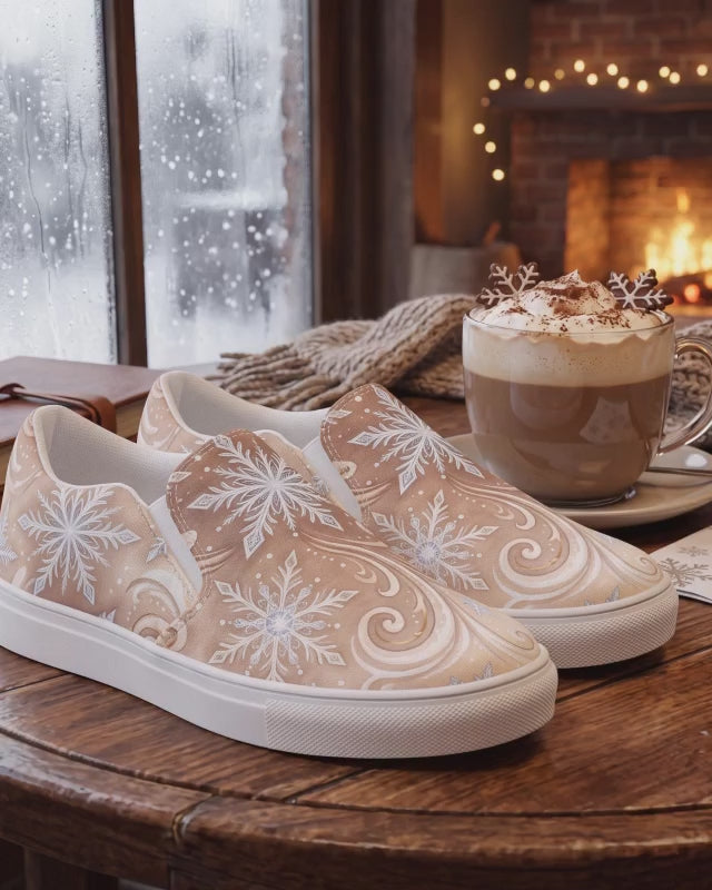 Women’s Frosted Mocha Snowflake Slip-On Shoes | Winter Canvas Sneakers