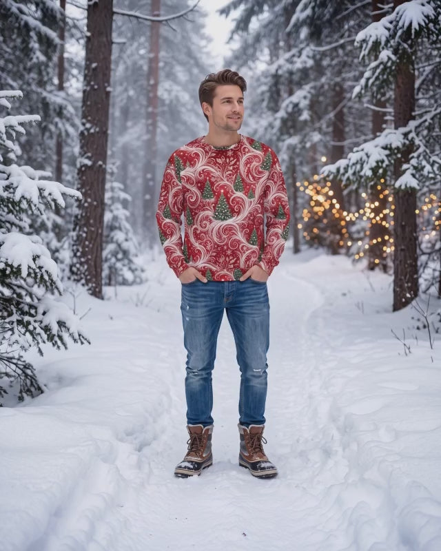 Sudadera de árbol de Navidad – Jersey unisex festivo con espiral roja y blanca