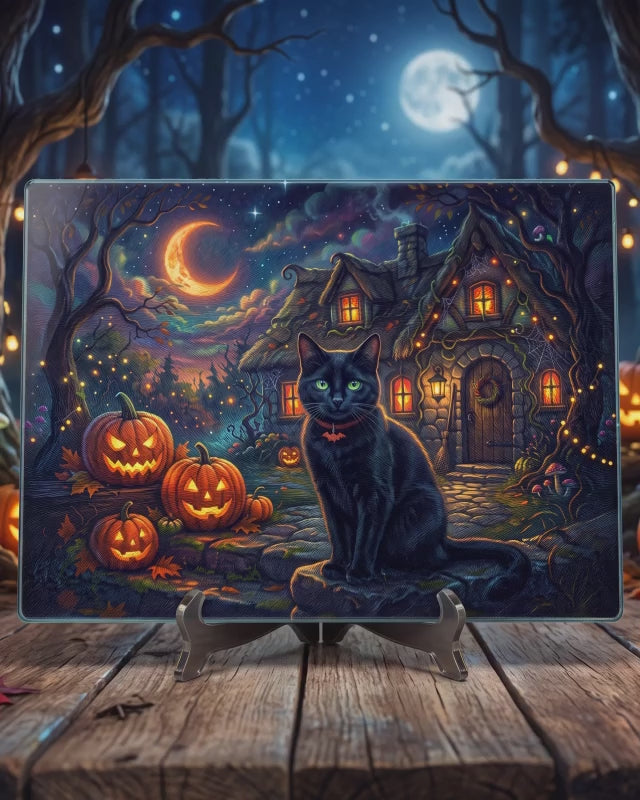 Halloween Black Cat Glass Cutting Board – Pumpkin Cottage Kitchen Decor (2 Sizes)