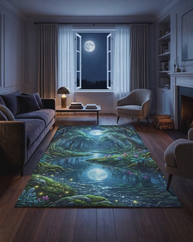 Moonlit Forest Area Rug | Magical Woodland Stream Decor