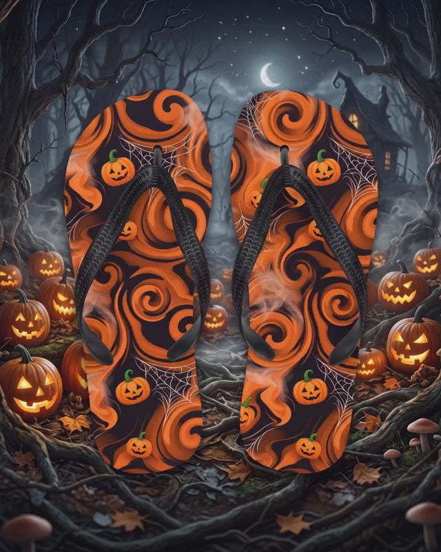 Halloween Pumpkin Flip Flops | Black and Orange Jack-O’-Lantern Sandals