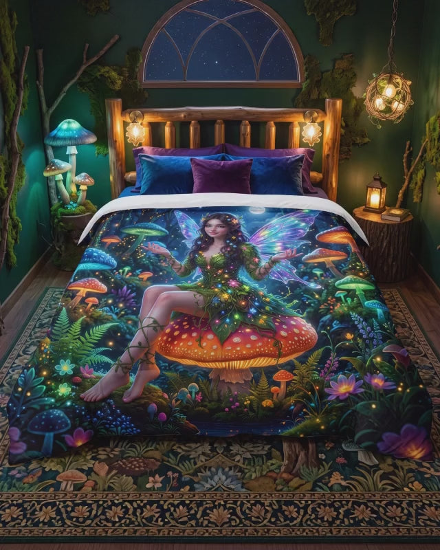 Edredón de hadas y setas encantadas | Ropa de cama de bosque de fantasía iluminado por la luna