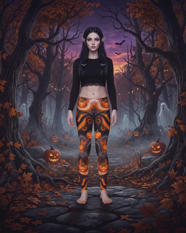 Halloween Pumpkin Leggings – Orange & Black Jack-O’-Lantern Spooky Pants
